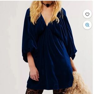 Free People Portia Velvet Babydoll Mini Dress in Blue size S